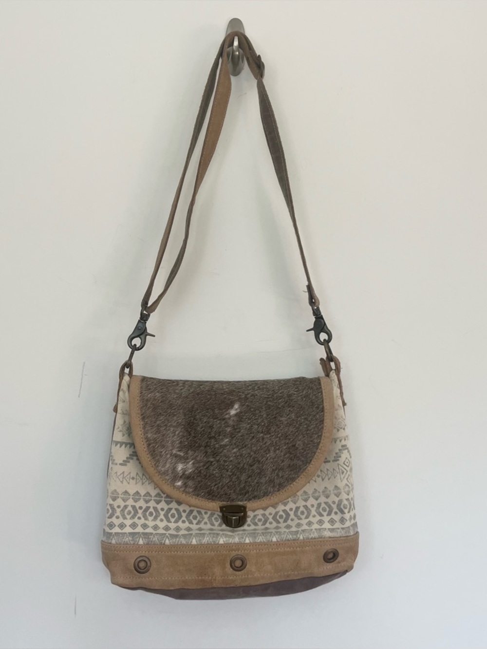 Myra Bag Yoruba Calfskin and Leather Boho Crossbody Bag with Fur Lined Flap Tan